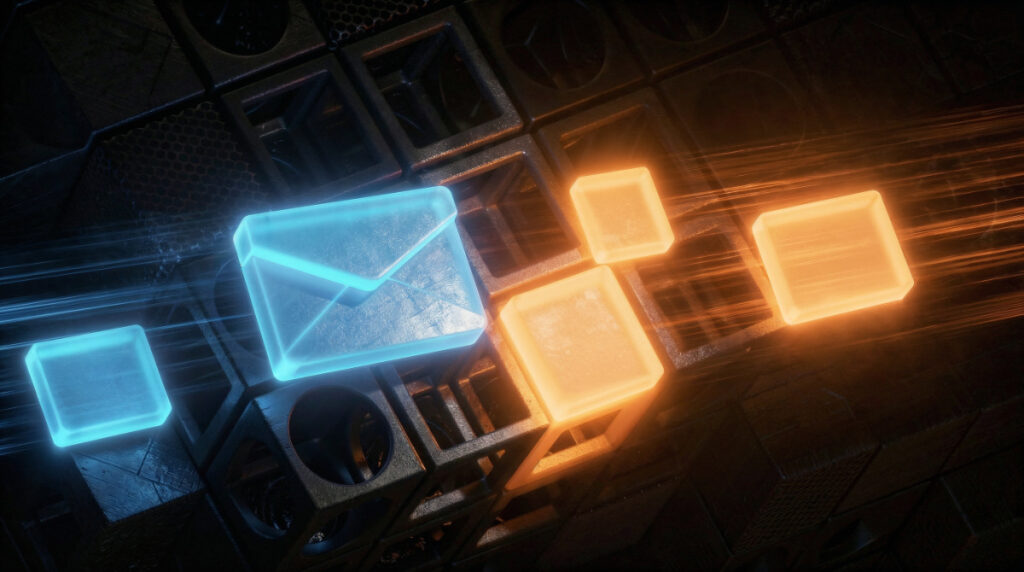 A 3D render showing the concept of emails moving through infrastructure, illustrating the fashion technology newsletter produced by The Interline.