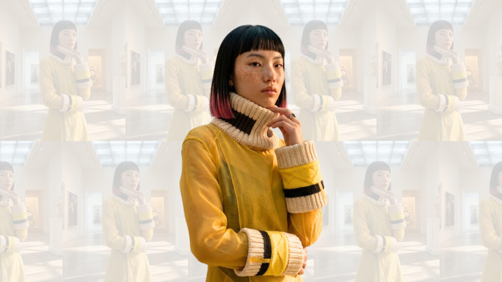 An AI model looking into the camera, captured as part of fashion's milestone 2026 report on artificial ingelligence.