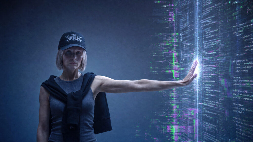 A woman leans against a wall of code, representing the way the fashion industry is keeping AI at arm's length.