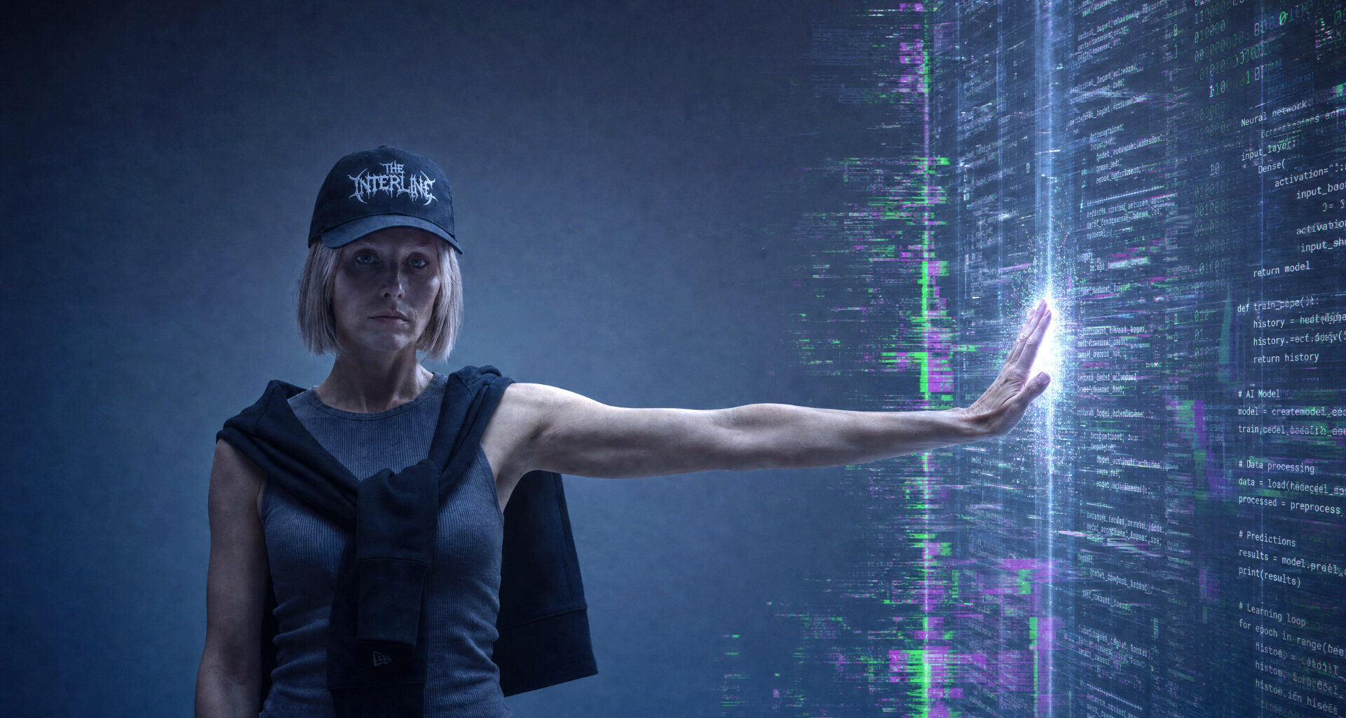 A woman leans against a wall of code, representing the way the fashion industry is keeping AI at arm's length.