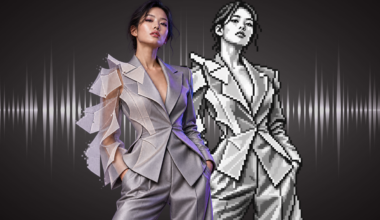 A model in a tailored jacket with translucent pattern pieces beside a pixelated counterpart, set against a waveform.