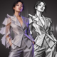 A model in a tailored jacket with translucent pattern pieces beside a pixelated counterpart, set against a waveform.