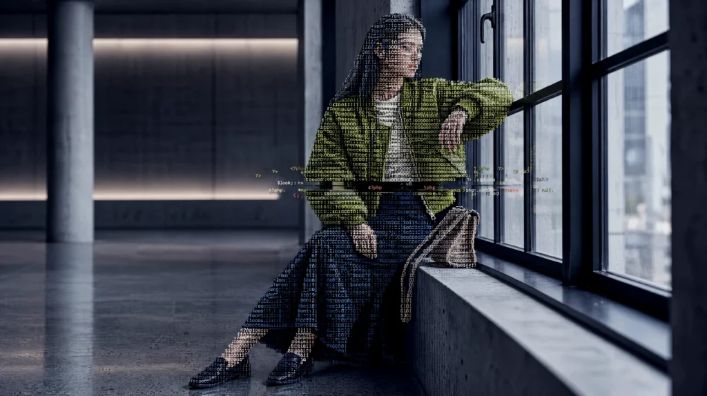 A seated fashion model in a green bomber jacket, formed from code characters, beside a window.