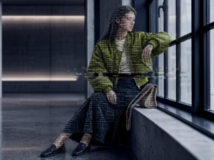 A seated fashion model in a green bomber jacket, formed from code characters, beside a window.