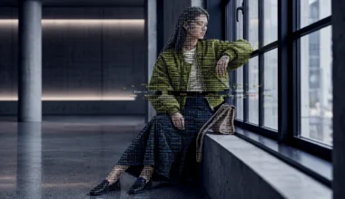 A seated fashion model in a green bomber jacket, formed from code characters, beside a window.