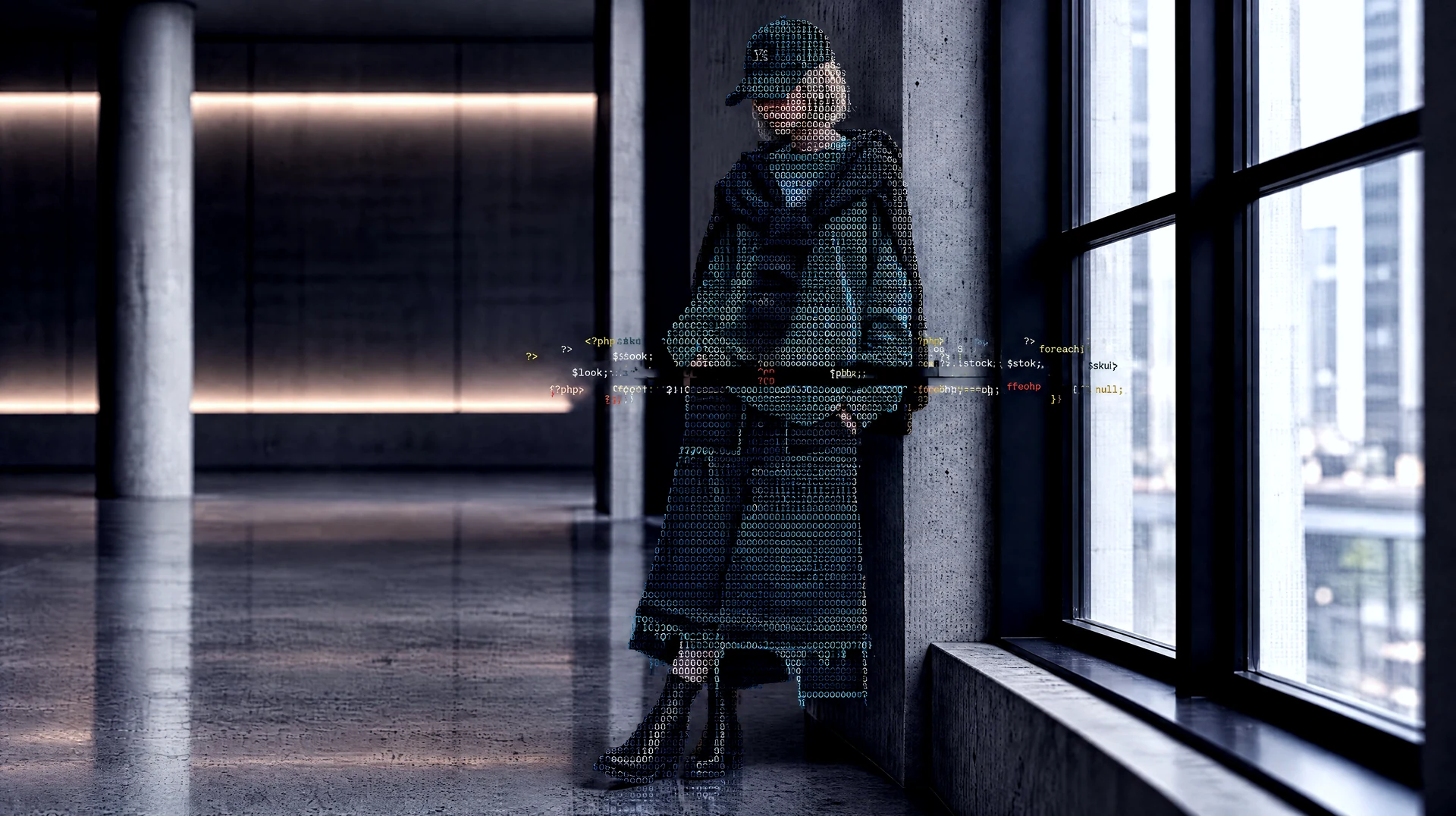 A fashion model in a teal jacket and cap, rendered in code characters beside a window.