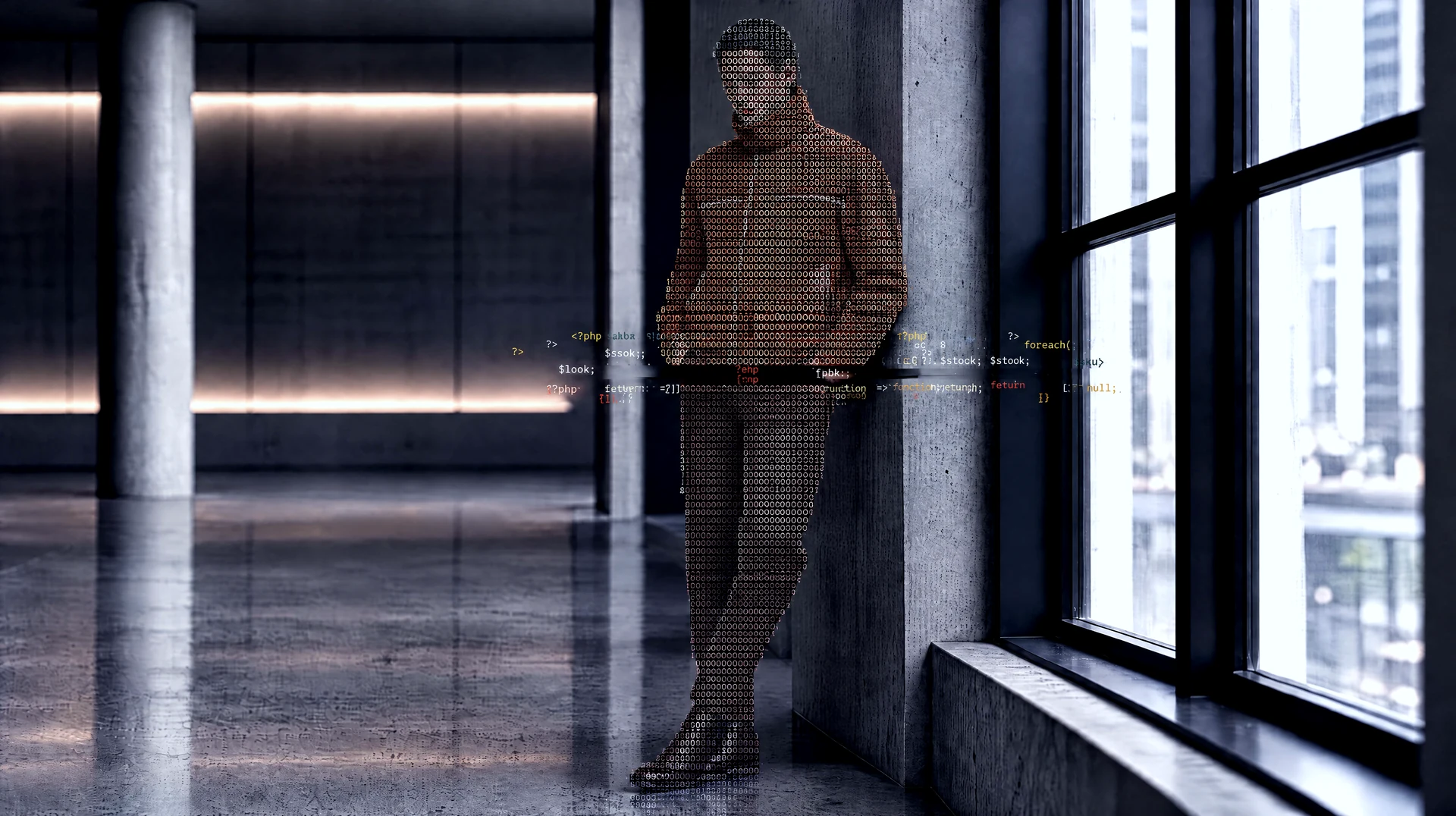 A fashion model in a brown outfit, rendered in code characters beside a window.