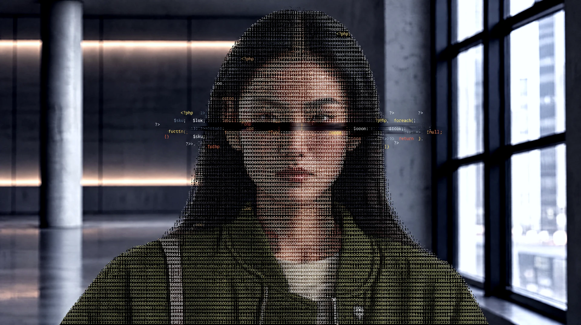 Close-up of a fashion model in a green bomber jacket, with her face and clothing formed from code characters.