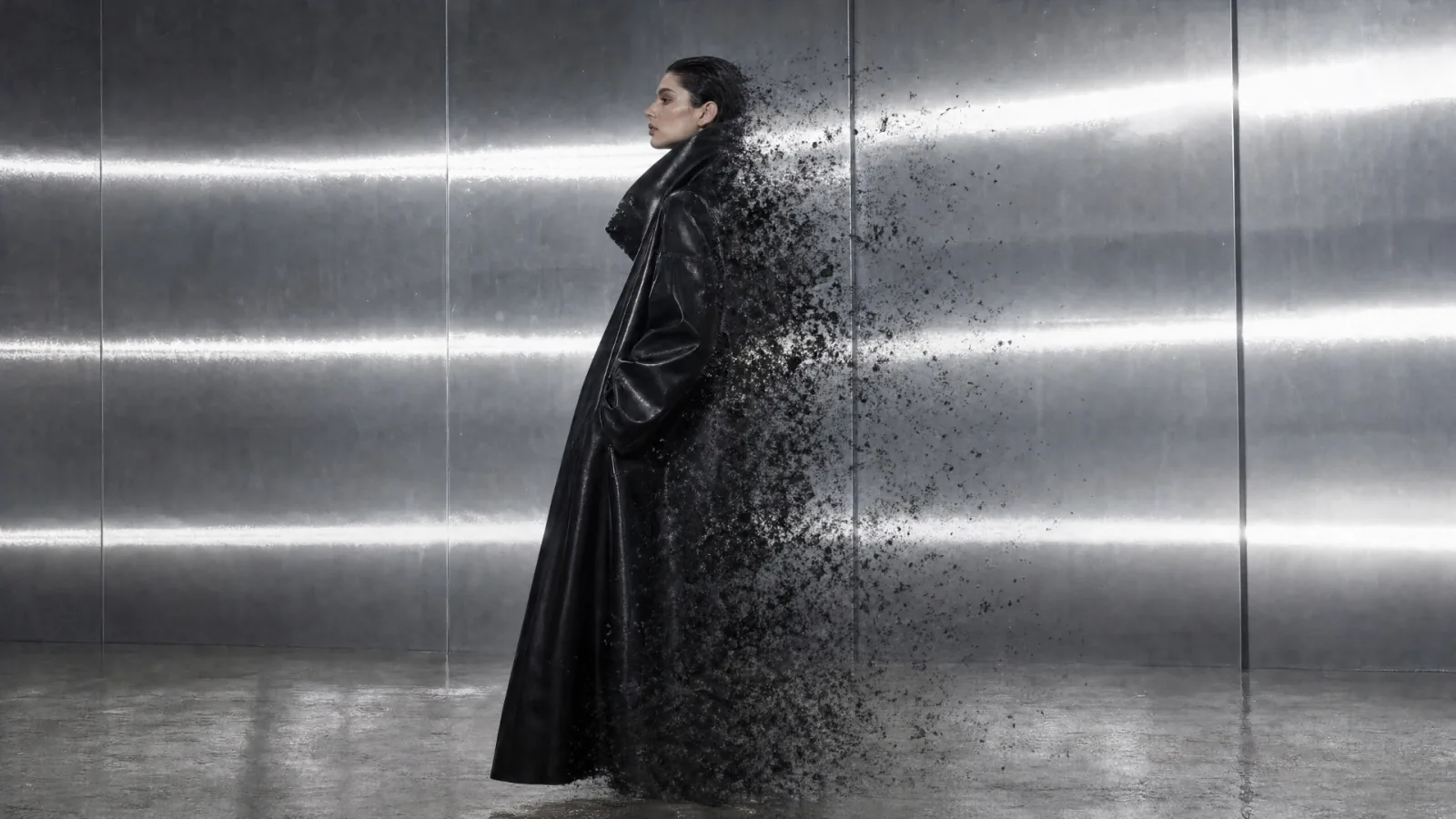 Full-length illustration of a model in a black coat dissolving into particles.