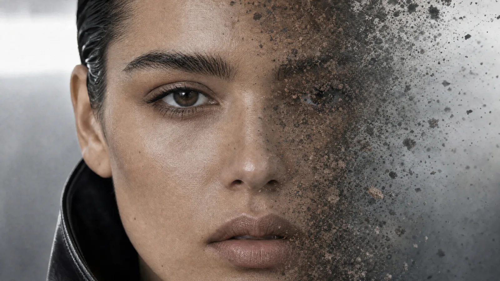 Close-up illustration of a model’s face dissolving into particles.