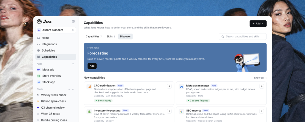 Jenz interface showing retail forecasting and operational capabilities